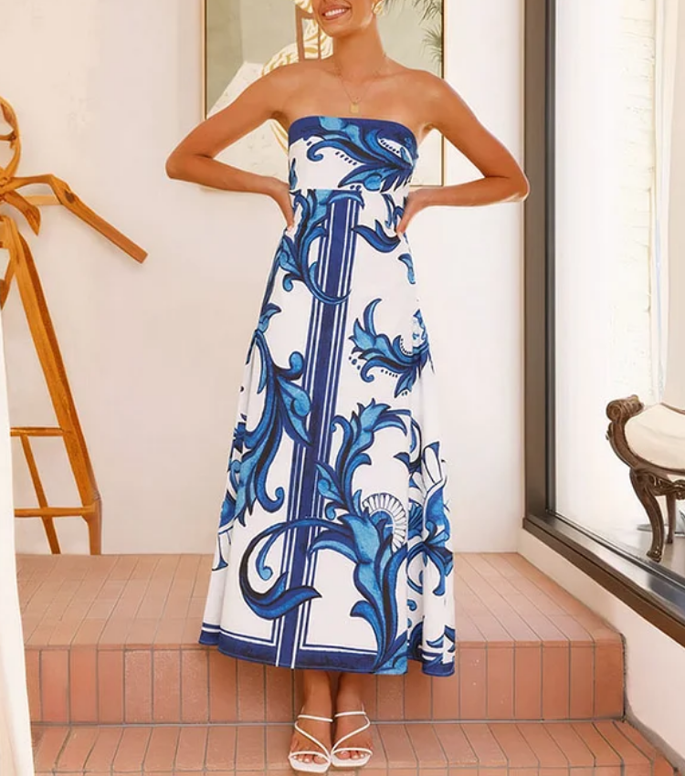 Bandeau Printed Midi Dress