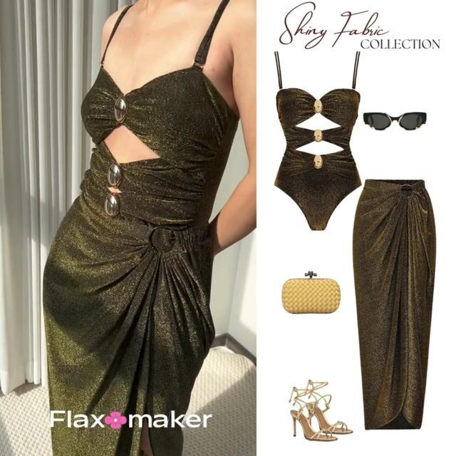 Gold Glitter Cutout Fabric One Piece Swimsuit and Skirt