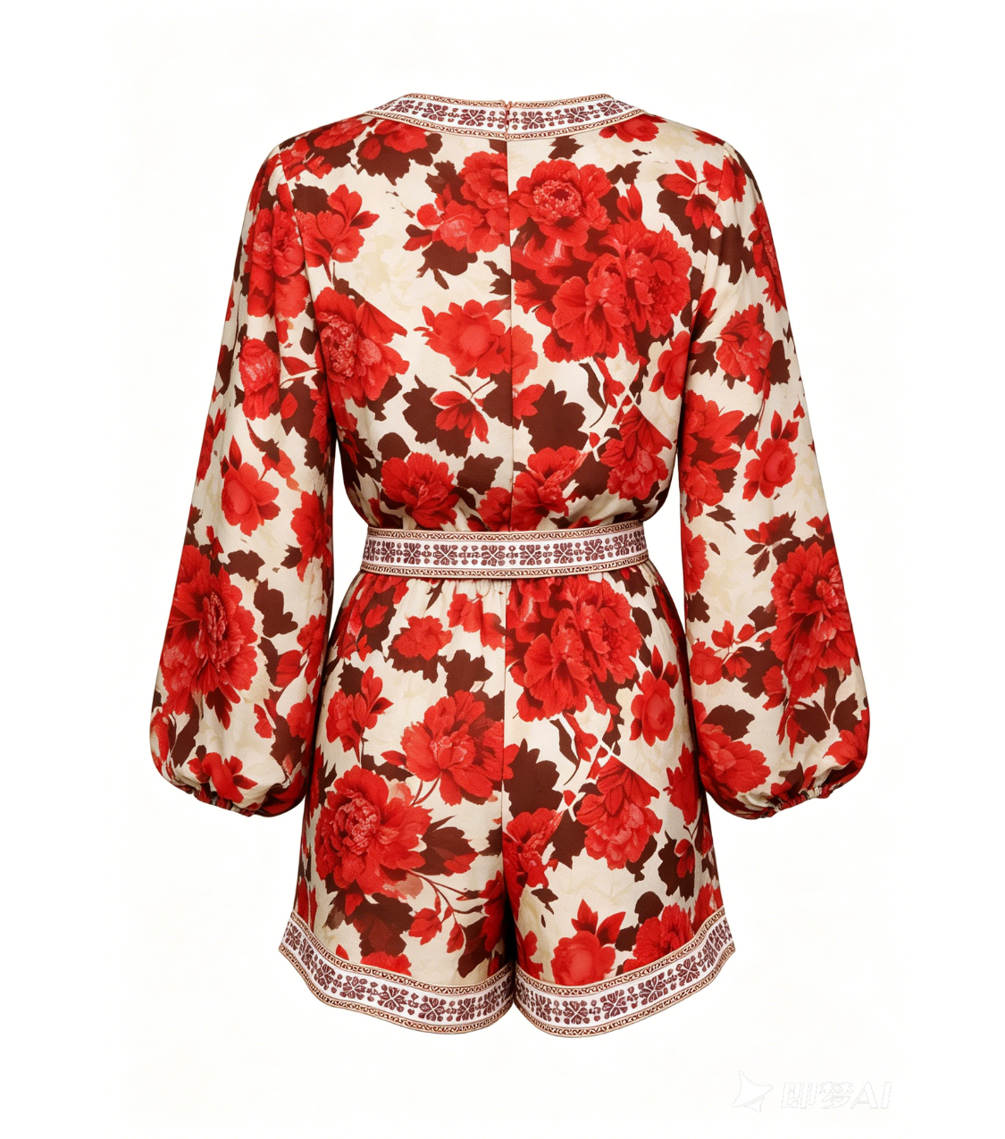 Red Floral Trim Detail Balloon Sleeve Romper