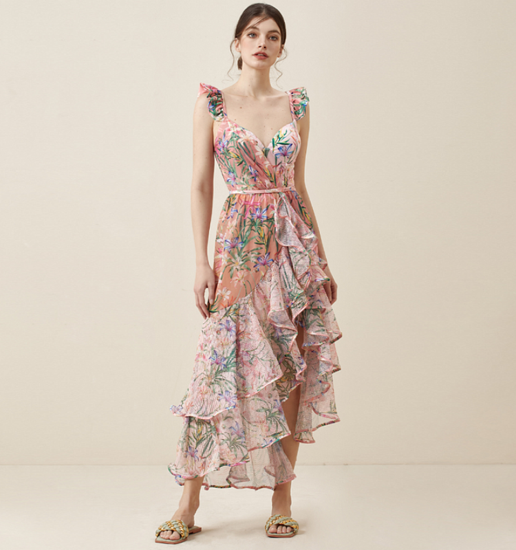 V Neck Floral Print One Piece Swimsuit and Mesh Splicing Skirt Flaxmaker