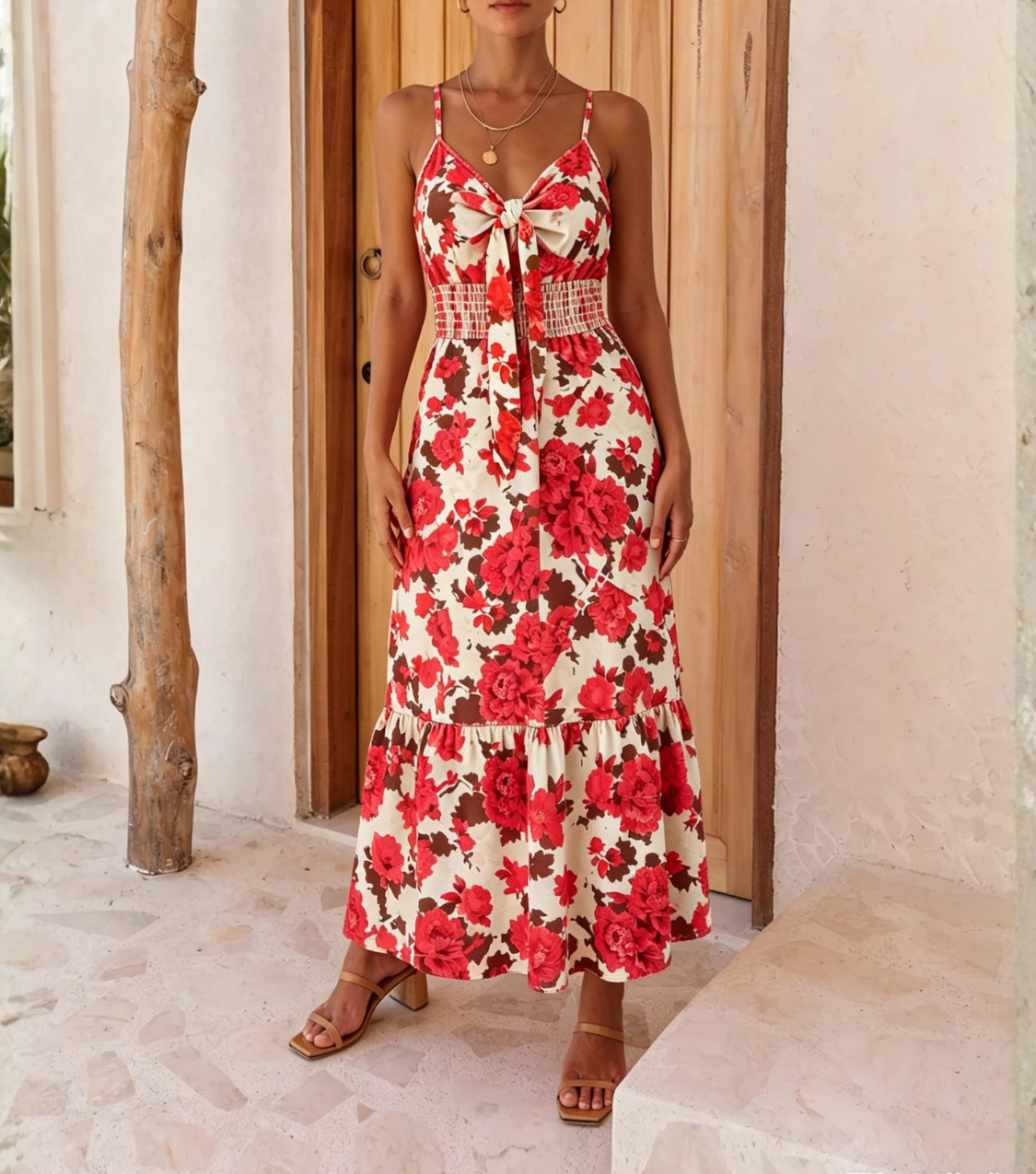 Red Floral Tie-Front Spaghetti Strap Tiered Maxi Dress