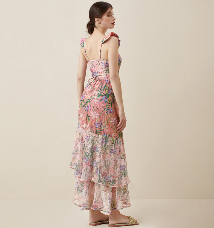 V Neck Floral Print One Piece Swimsuit and Mesh Splicing Skirt Flaxmaker