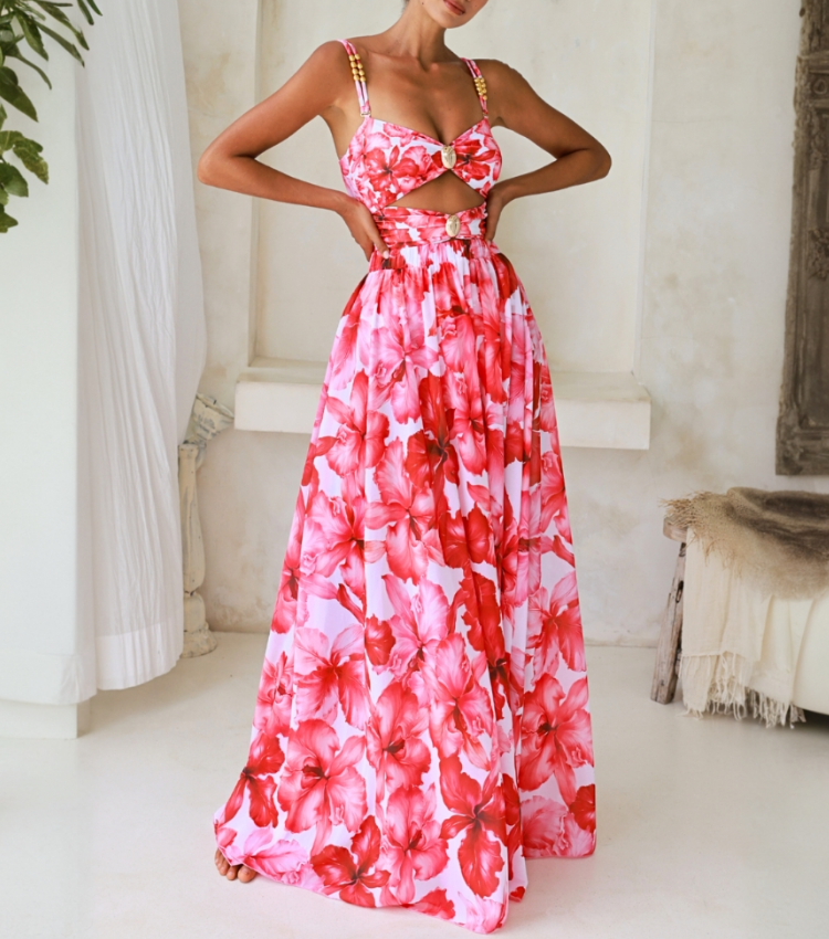 Cutout Flower Print One Piece Swimsuit and Skirt Flaxmaker