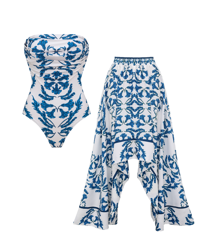 Strapless Style Frilled Printed One Piece Swimsuit and Skirt