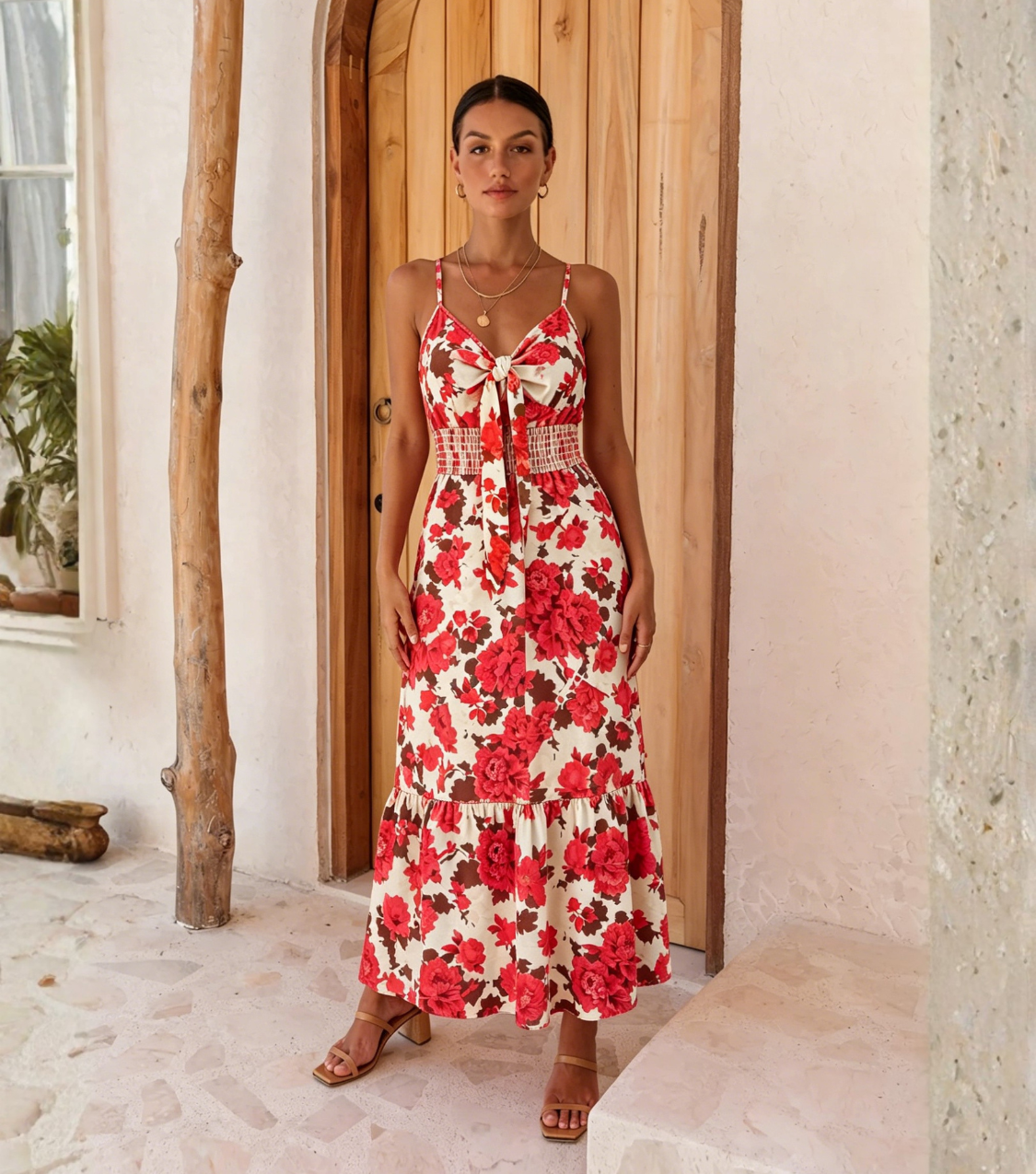 Red Floral Tie-Front Spaghetti Strap Tiered Maxi Dress