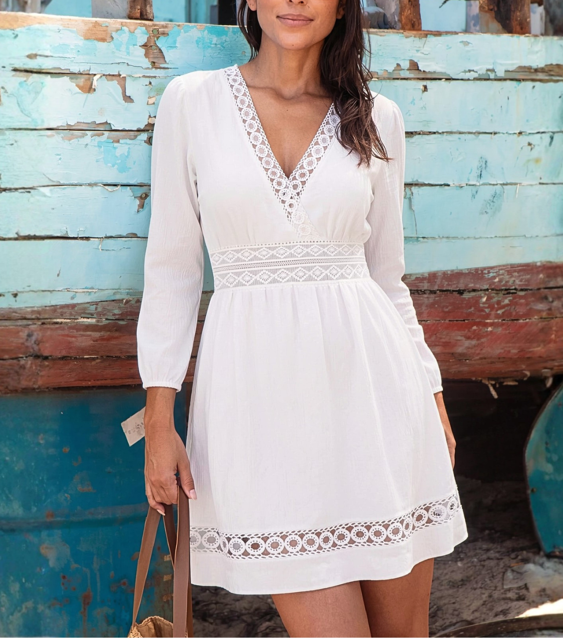 Solid White Lace Trim Long Sleeve Mini Dress