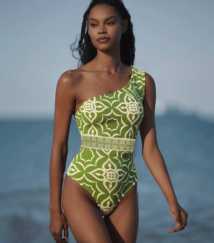 One Shoulder Retro Print One Piece Swimsuit and Skirt