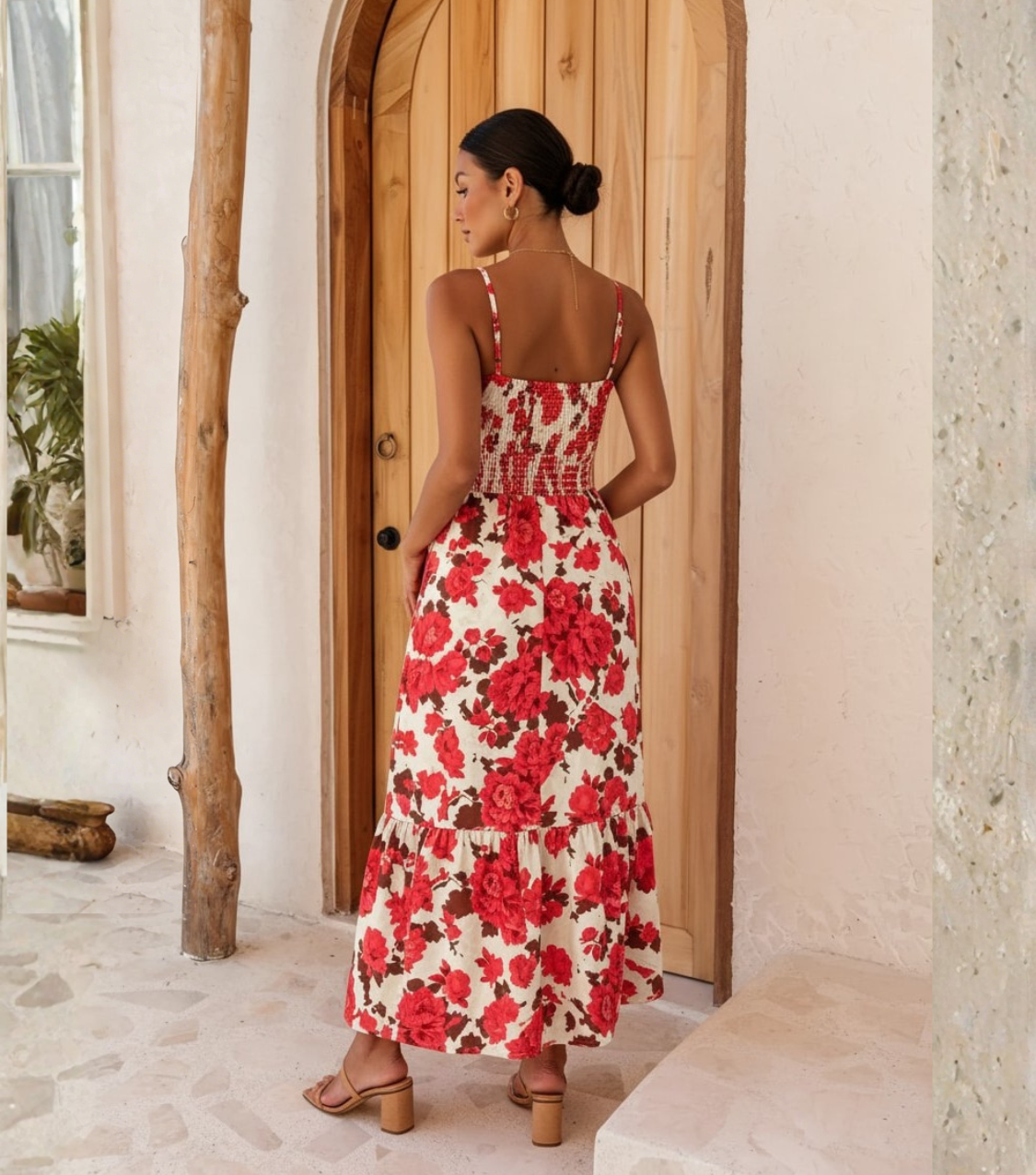 Red Floral Tie-Front Spaghetti Strap Tiered Maxi Dress
