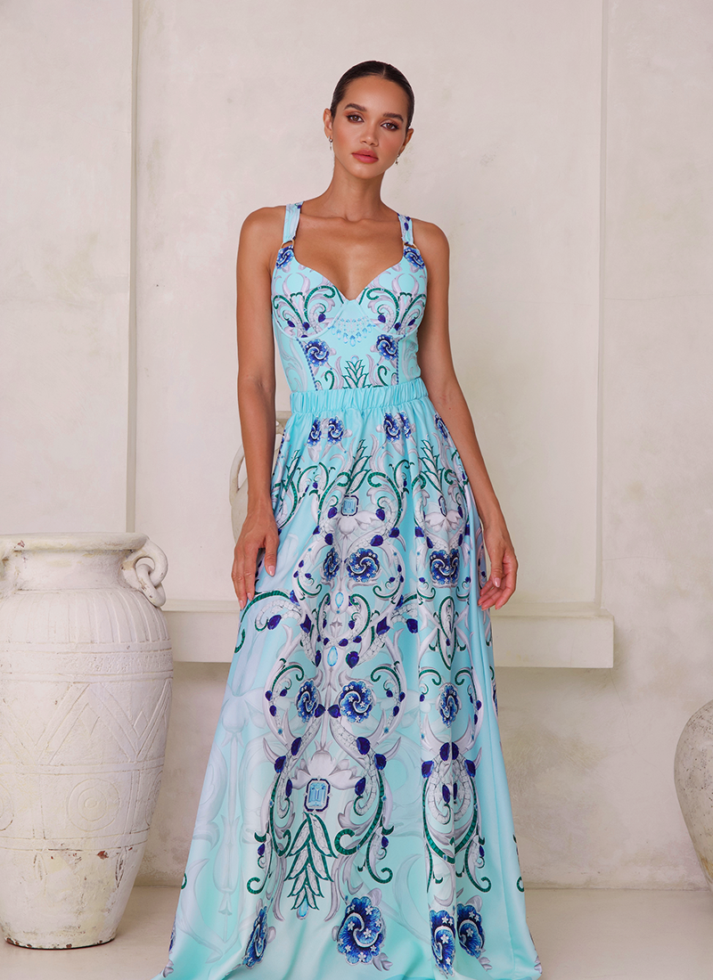 Sling Blue Jewelry Series Pattern Print One Piece Swimsuit and Skirt or Sarong