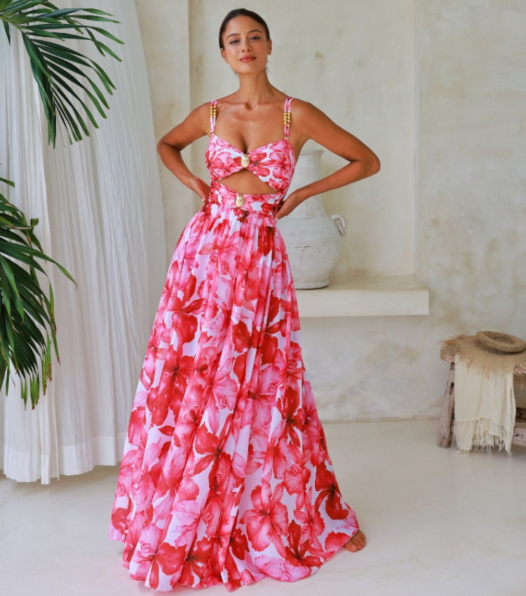 Cutout Flower Print One Piece Swimsuit and Skirt Flaxmaker