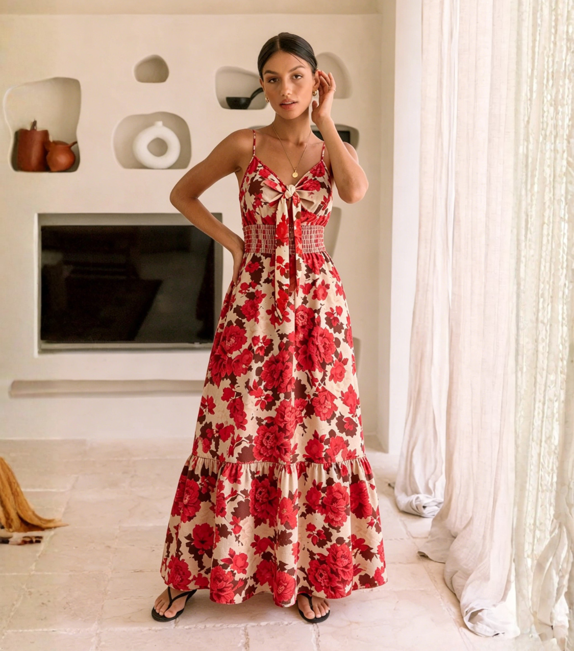 Red Floral Tie-Front Spaghetti Strap Tiered Maxi Dress
