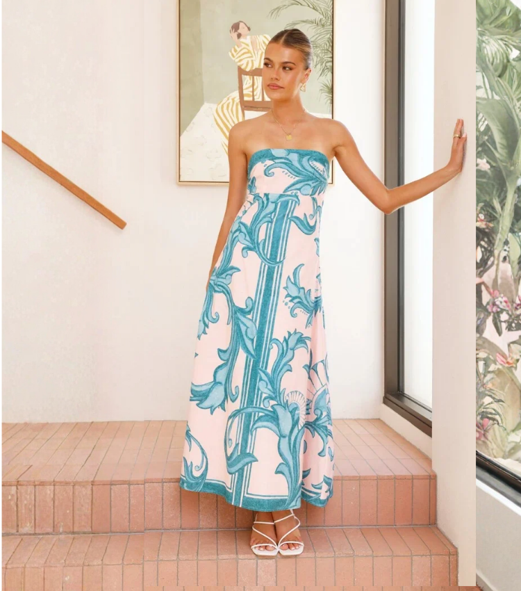 Bandeau Printed Midi Dress