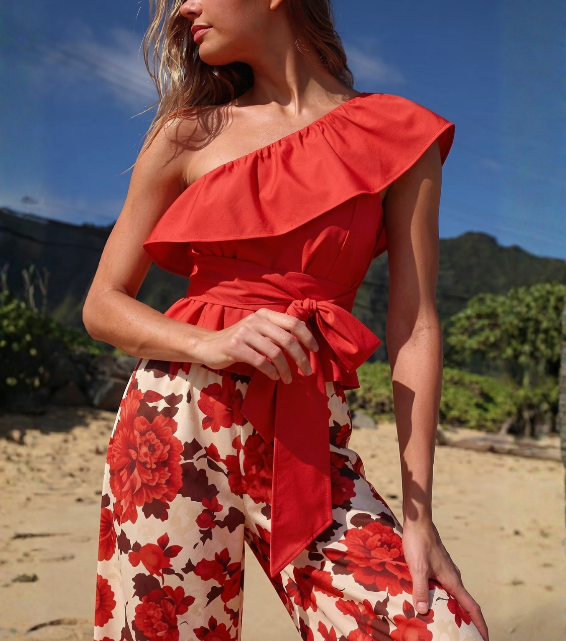 Red Floral Wide Leg Pants Set