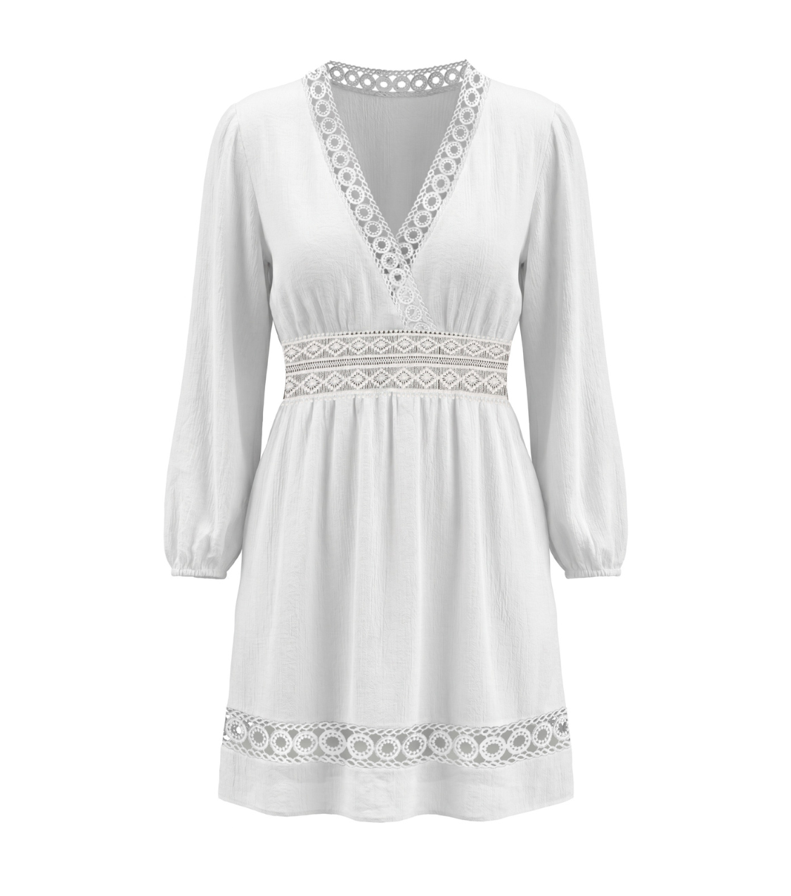 Solid White Lace Trim Long Sleeve Mini Dress