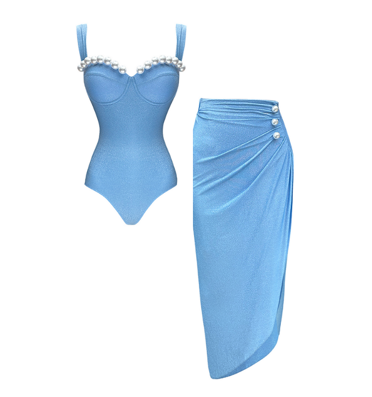 Shiny Fabric Sling Pearl Decor Light Blue One Piece Swimsuit and Skirt