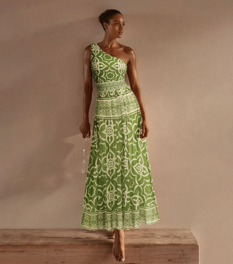 One Shoulder Retro Print One Piece Swimsuit and Skirt