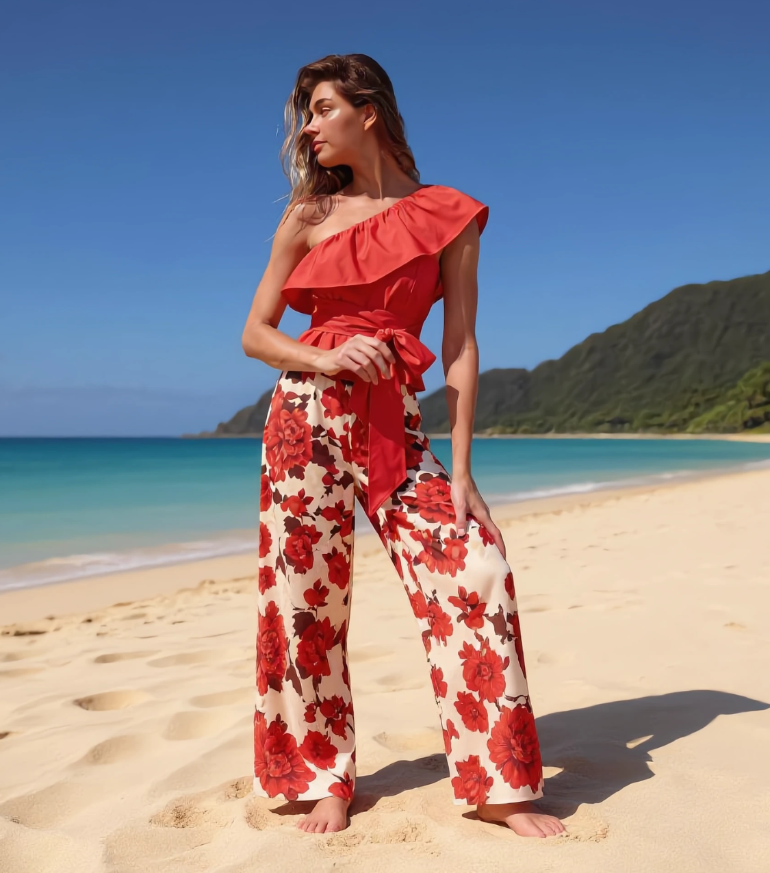 Red Floral Wide Leg Pants Set