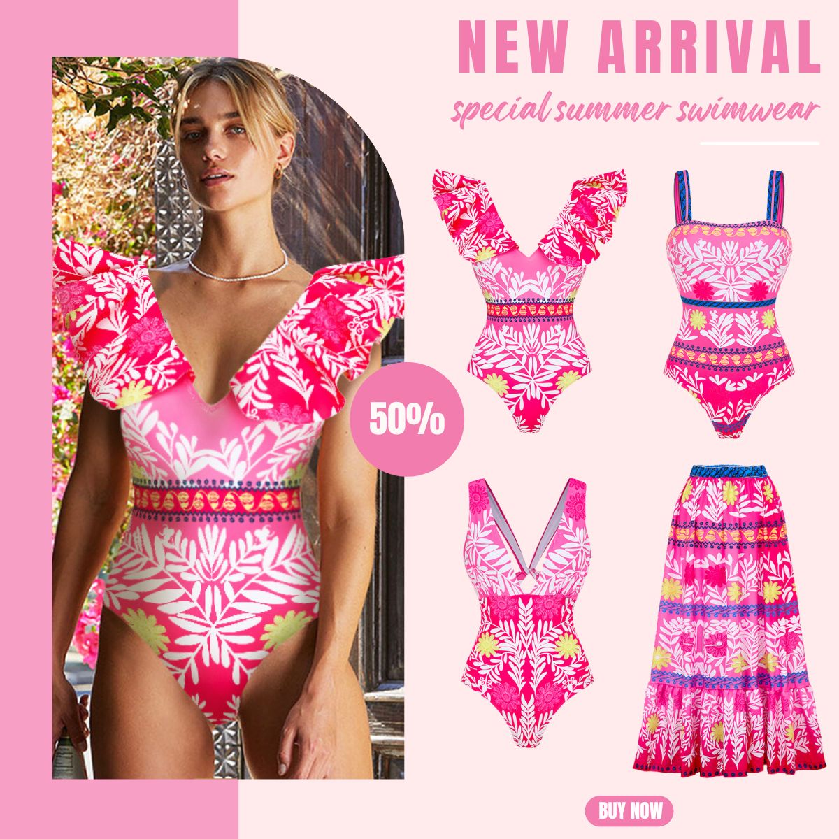 V Neck Ruffle Printed One Piece Swimsuit and Skirt