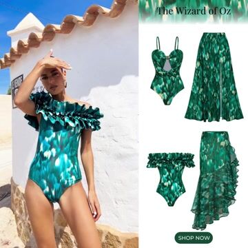 Bandeau Ruffled Green Blooming Print One Piece Swimsuit and Mesh Splicing Sarong