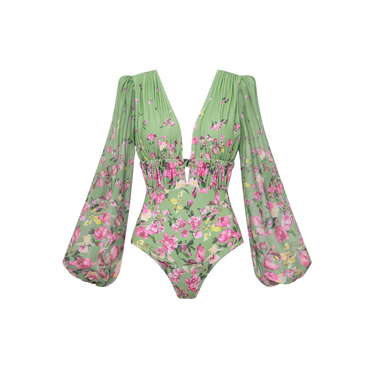 Long Sleeve Floral One Piece Swimsuit and Skirt