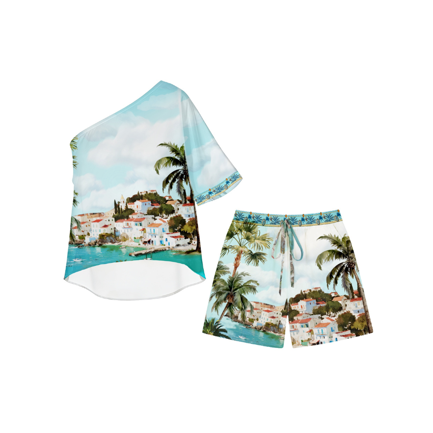 Coastal Town Print One-Shoulder Short Set