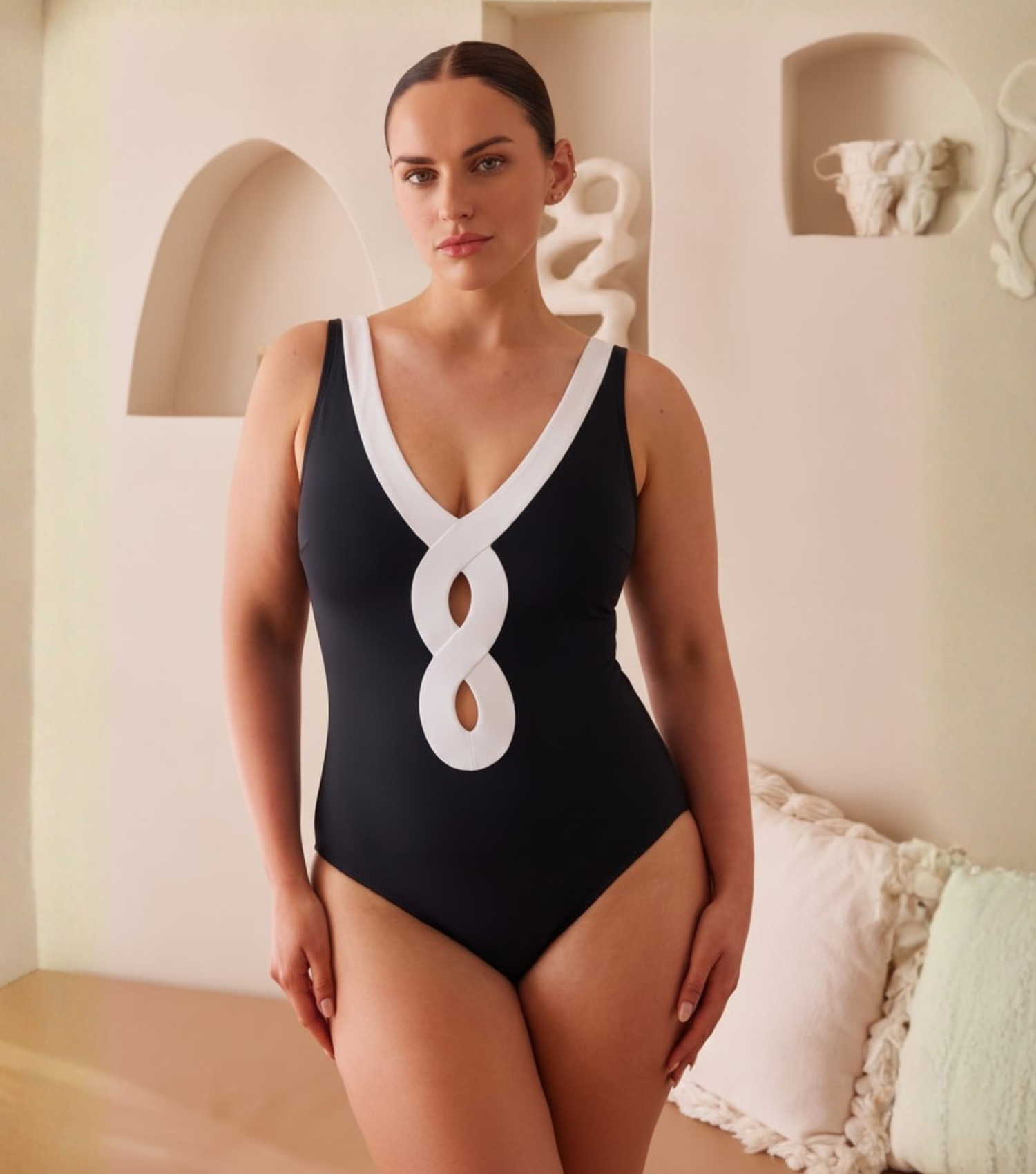 Plus Size Cutout V Neck Color Block One Piece Swimsuit And Sarong Flaxmaker