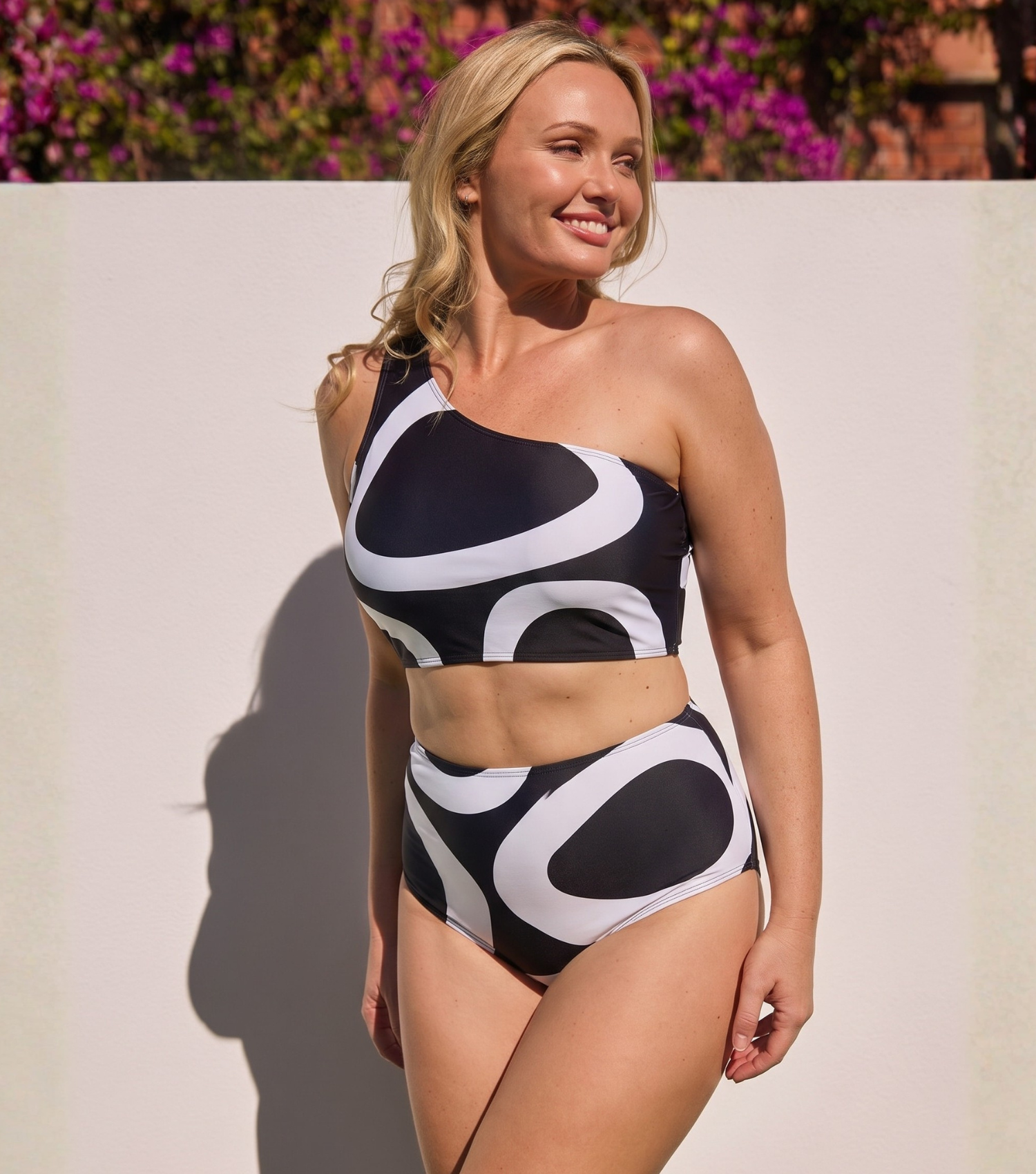 Plus Size One Shoulder High Waist Printed Bikini Swimsuit and Sarong Flaxmaker