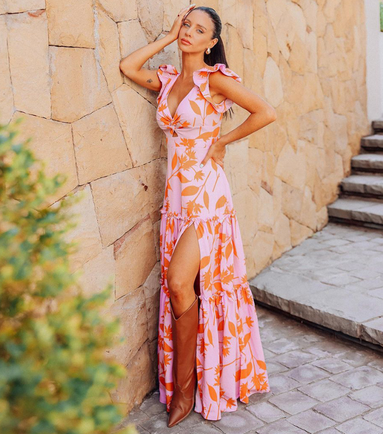 V-neck Orange Leaf Printed One Piece Swimsuit and Skirt