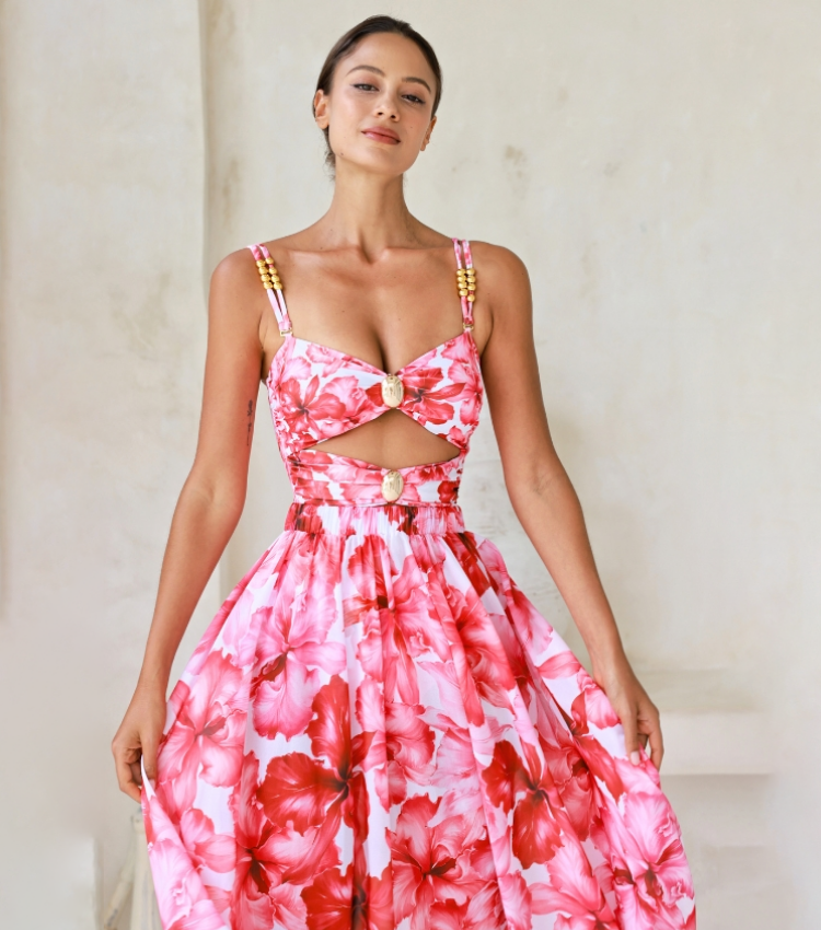 Cutout Flower Print One Piece Swimsuit and Skirt Flaxmaker