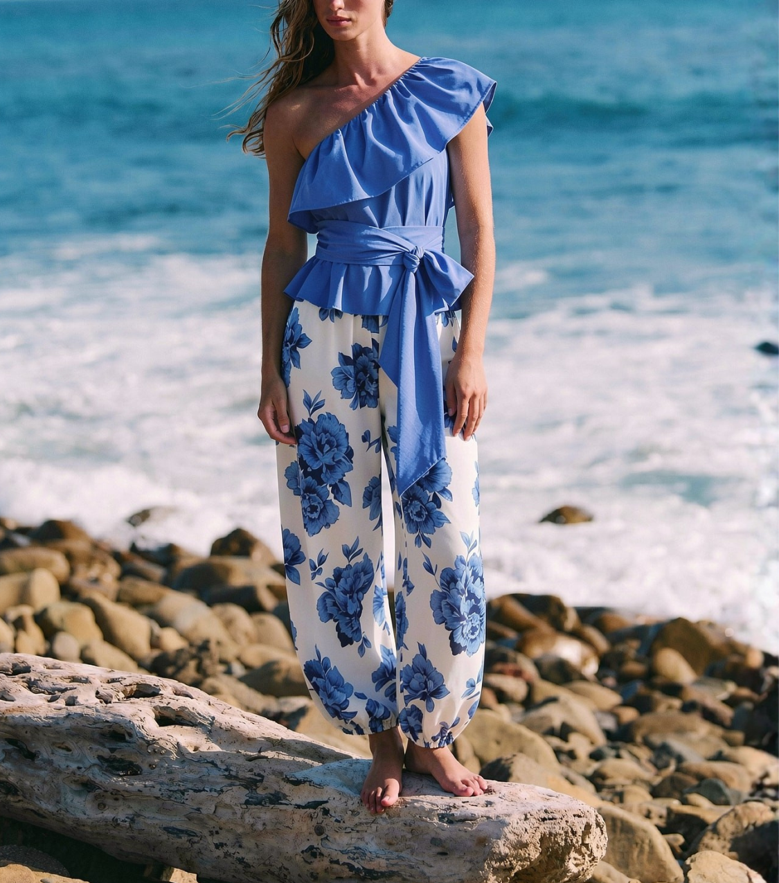  Blue Floral Wide Leg Pants Set