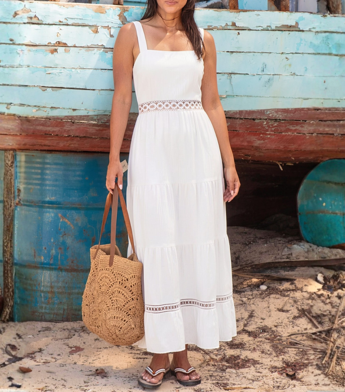 Solid White Lace Tiered Maxi Dress