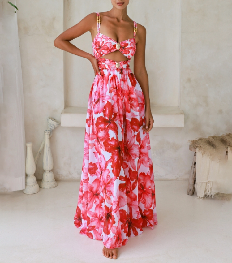 Cutout Flower Print One Piece Swimsuit and Skirt Flaxmaker