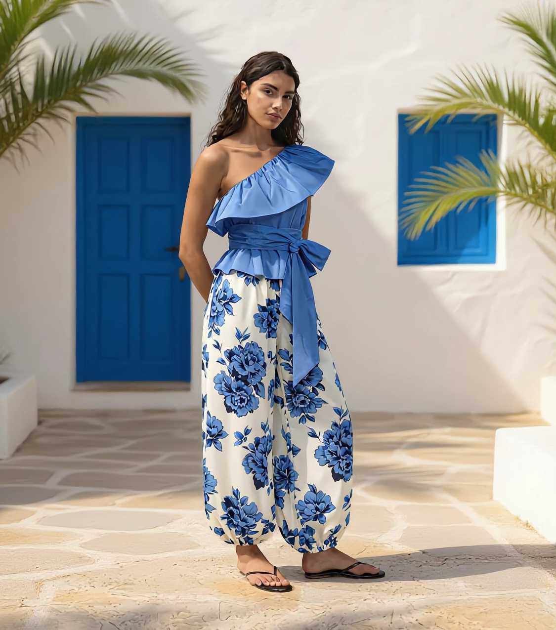  Blue Floral Wide Leg Pants Set