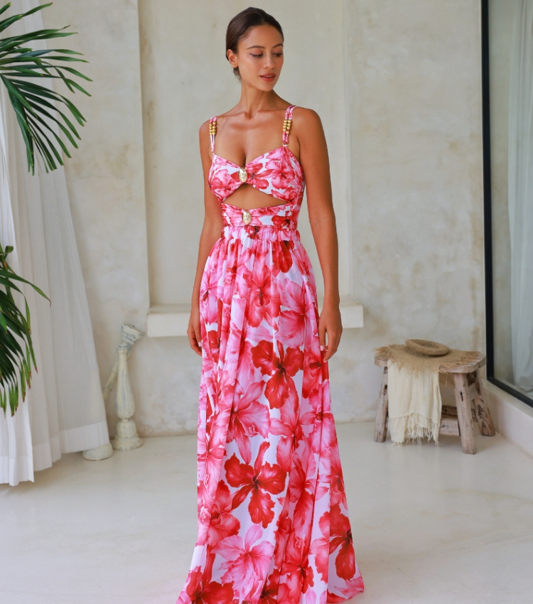 Cutout Flower Print One Piece Swimsuit and Skirt Flaxmaker