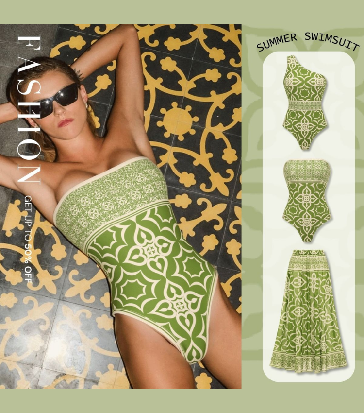 One Shoulder Retro Print One Piece Swimsuit and Skirt