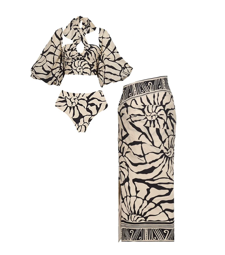 Detachable Puff Sleeves Printed High Waist Bikini Swimsuit and Skirt Flaxmaker