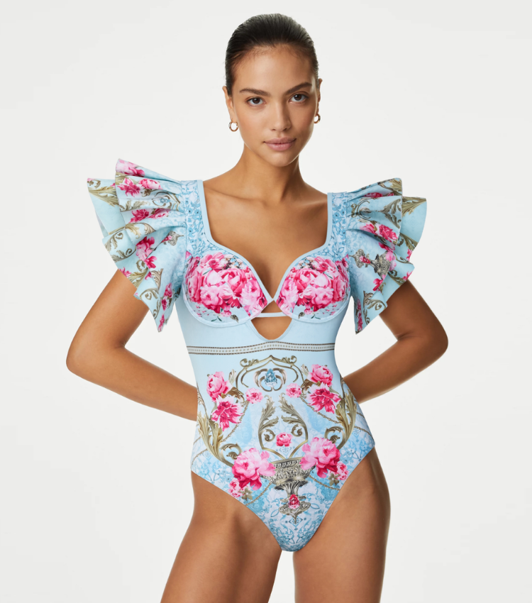 Ruffled Blue Blooming Flowers Print One Piece Swimsuit and Skirt
