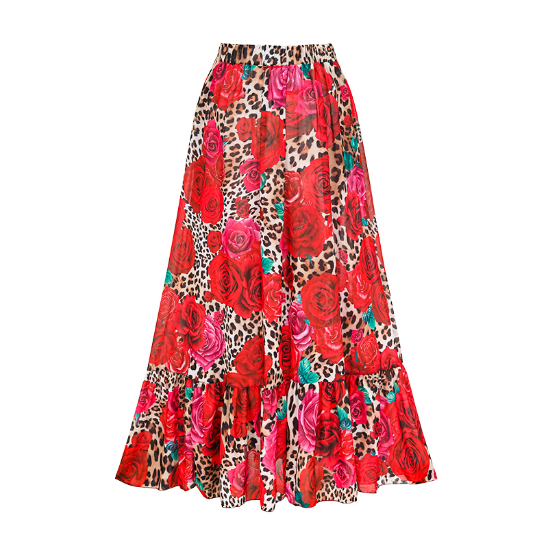 Lace Up Chiffon Long Sleeves Leopard Print High Waist Bikini Swimsuit and Skirt