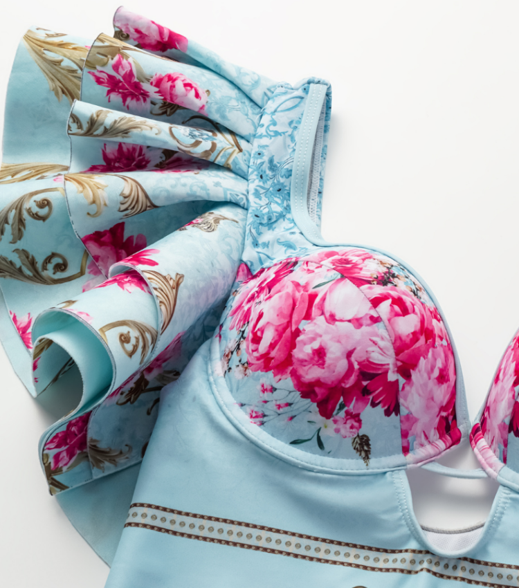 Ruffled Blue Blooming Flowers Print One Piece Swimsuit and Skirt