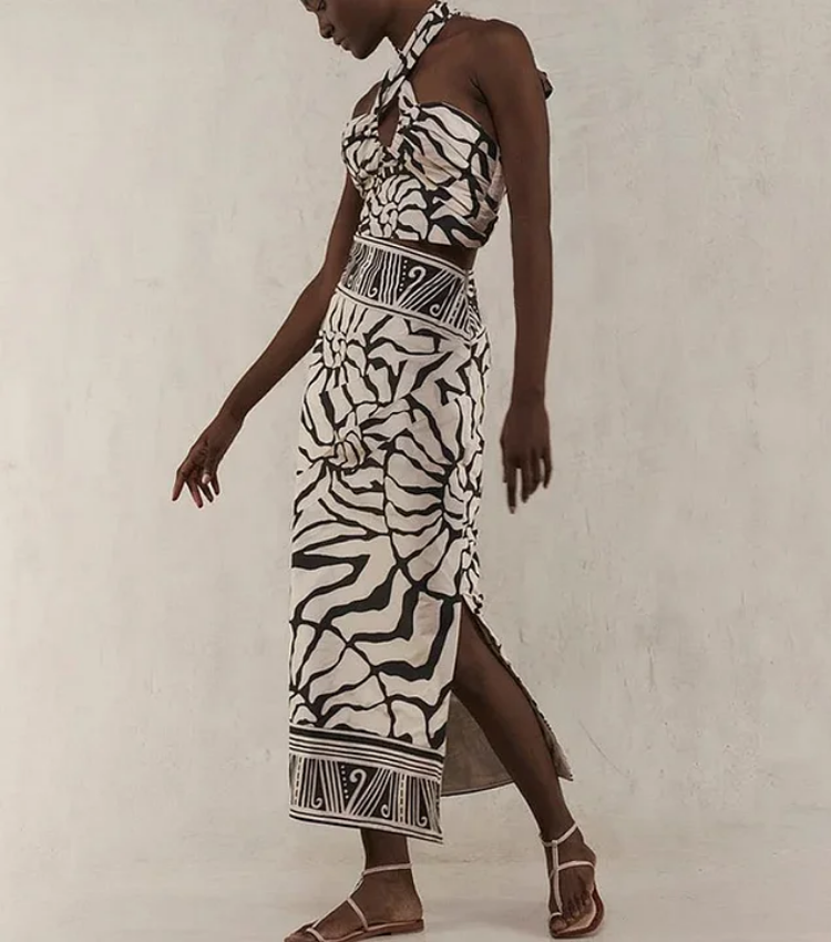 Detachable Puff Sleeves Printed High Waist Bikini Swimsuit and Skirt Flaxmaker