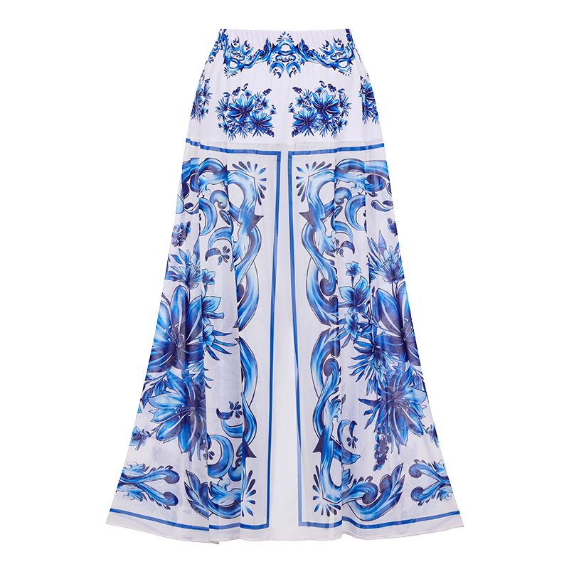 Ruffle V Neck Blue Majolica Print High Waist Bikini Swimsuit and Skirt or Pants