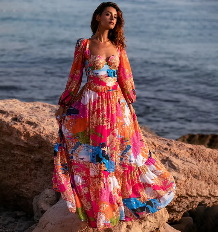 Long Sleeve Shell Chest Pad Printed One Piece Swimsuit and Skirt