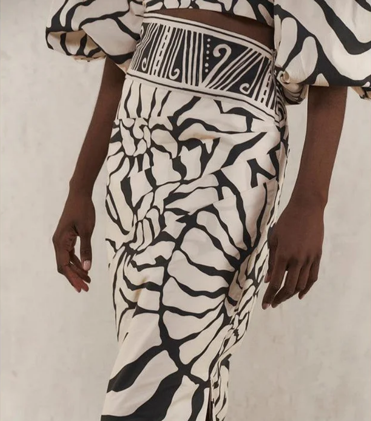 Detachable Puff Sleeves Printed High Waist Bikini Swimsuit and Skirt Flaxmaker