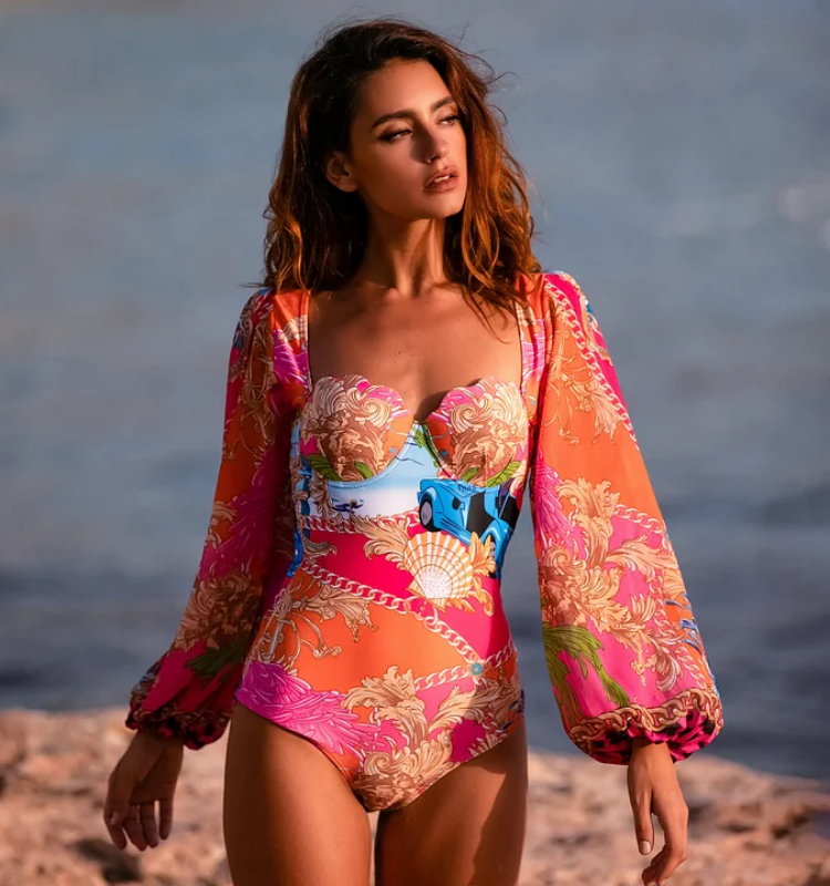 Long Sleeve Shell Chest Pad Printed One Piece Swimsuit and Skirt