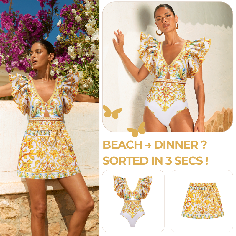 Ruffle V Neck  Golden Majolica Print One Piece Swimsuit and Scooter skirt