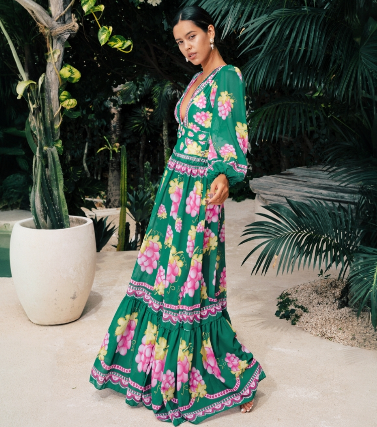 Long-sleeved Retro Green Grapes Print One Piece Swimsuit and Skirt