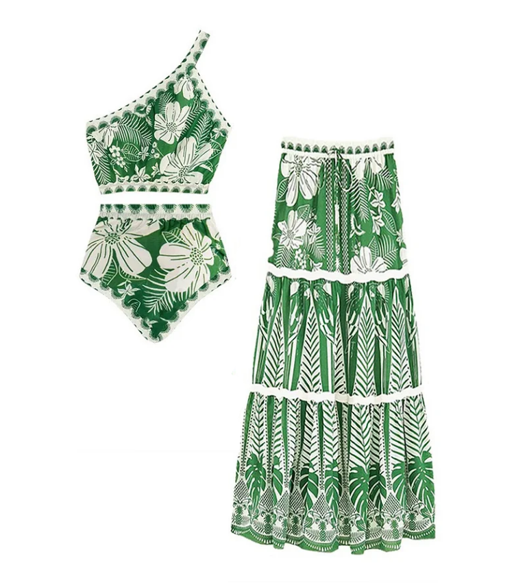 One Shoulder Green Flower Printed Bikini Swimsuit and Skirt