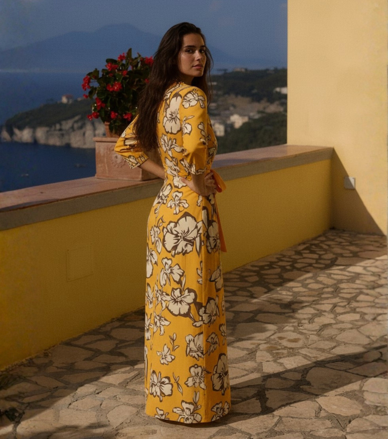 Yellow Floral Wrap Midi Dress