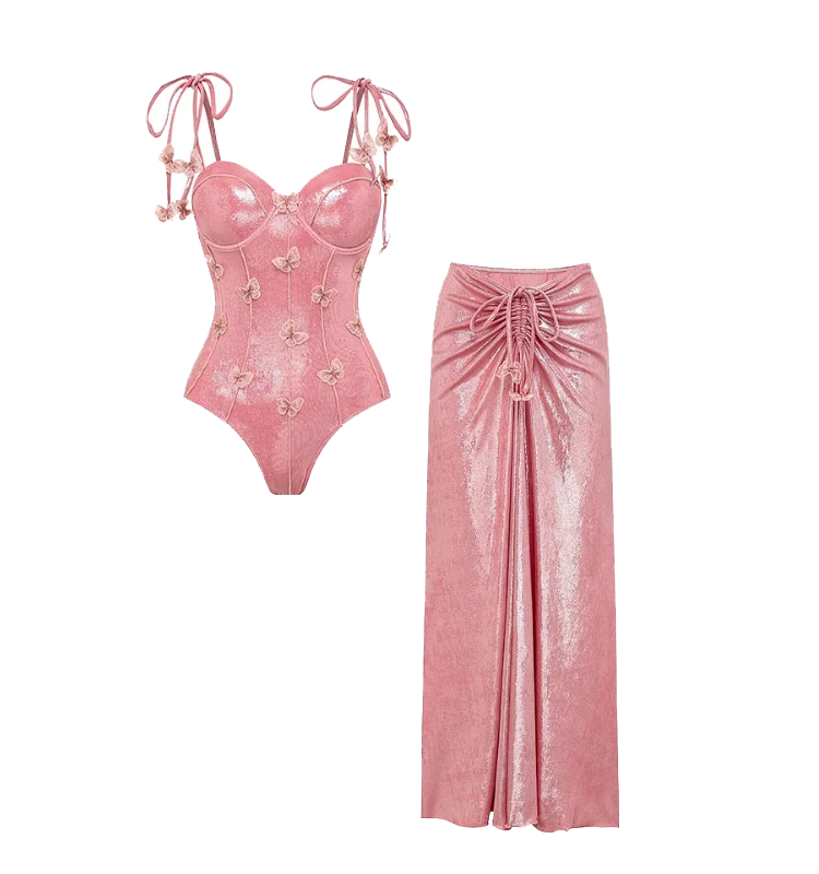 Pink Shiny Embroidered Butterfly One Piece Swimsuit and Split Skirt
