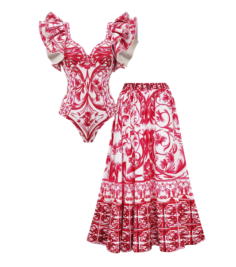 Baroco Style Printed One Piece Swimsuit and Skirt Flaxmaker